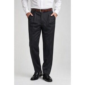 Vintage Dress Pants Charcoal Gray 100% Wool Herringbone Pleated Retro 34x31